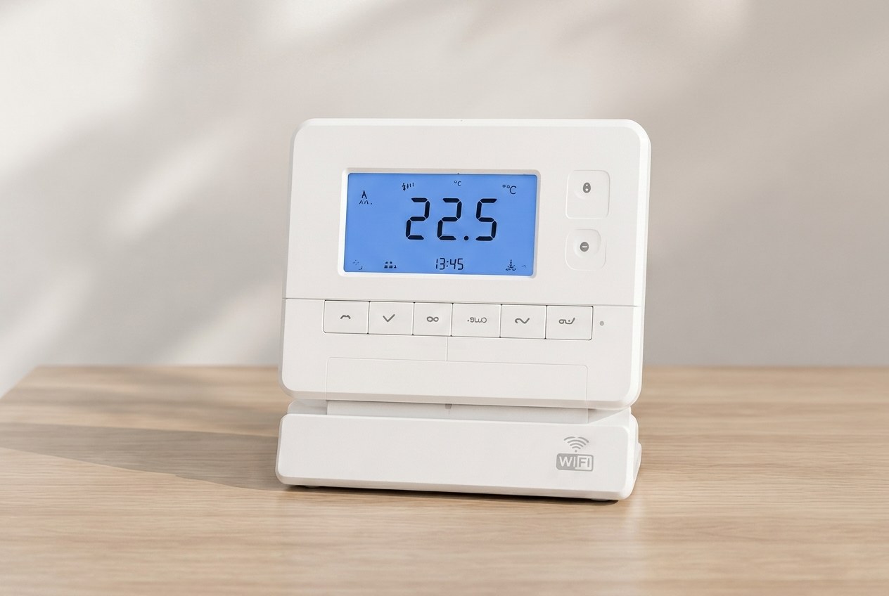 Myson electronic programmable room thermostat displaying 22.5°C on a wooden surface