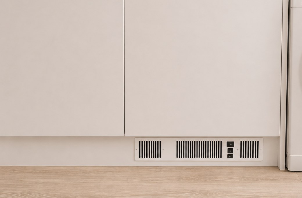 Myson Kickspace plinth fan convector grille fitted beneath a kitchen unit