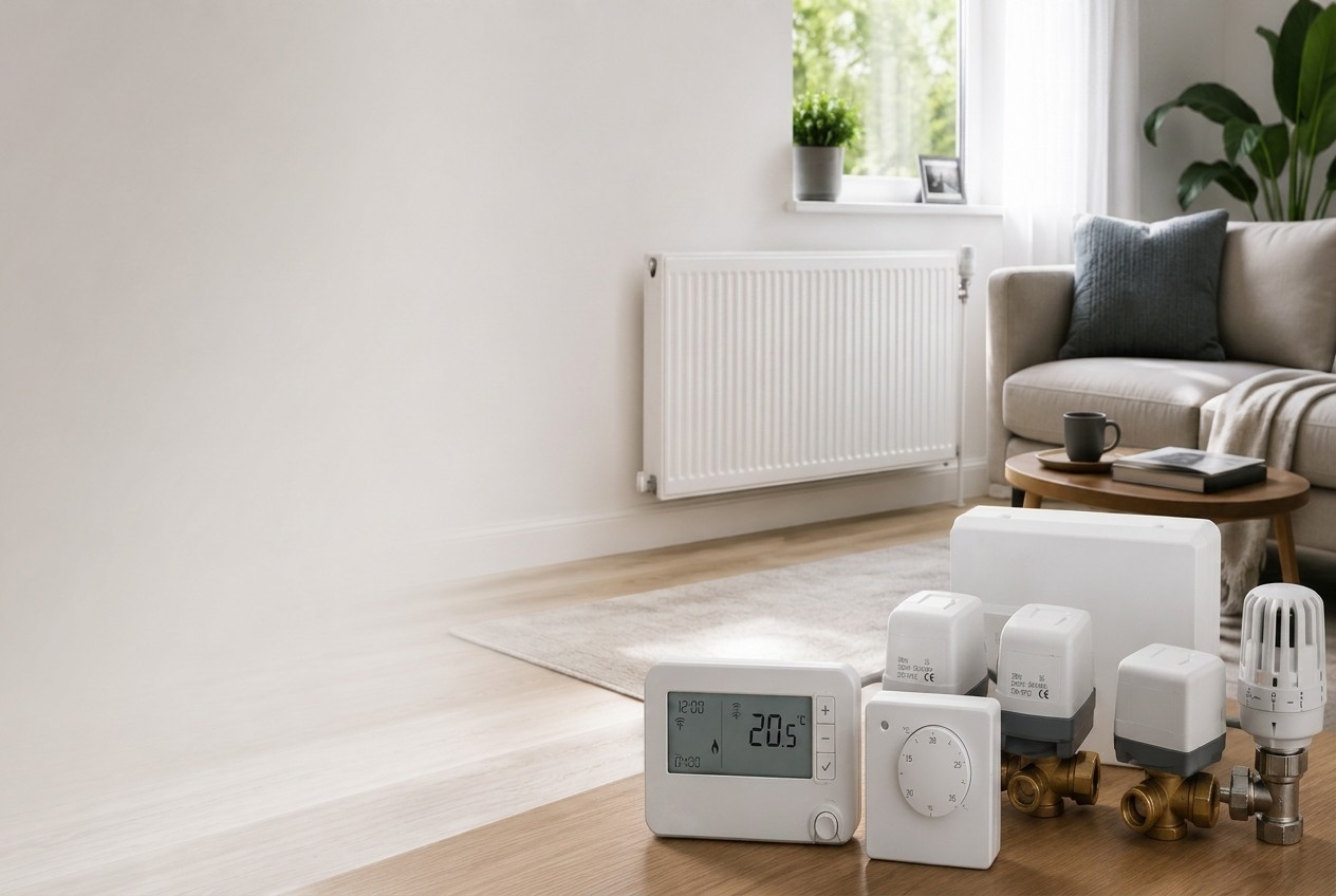 Myson heating controls range — central heating programmer, room thermostat, motorised zone valves and thermostatic radiator valve in a modern living room