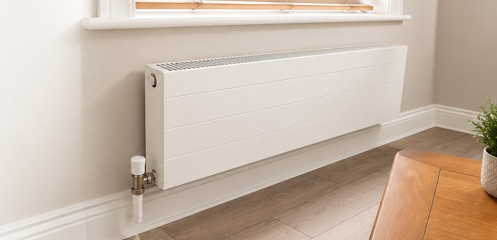 Myson manual radiator valve fitted to a white horizontal radiator in a modern room