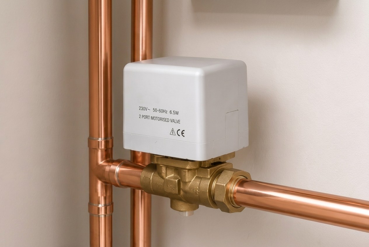 Motorised zone valve actuator fitted to copper pipework in a heating system