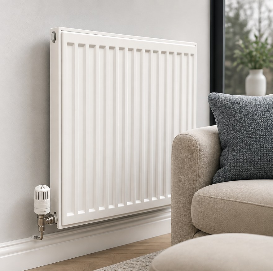 Genuine Myson thermostatic radiator valve fitted to a white radiator in a modern living room